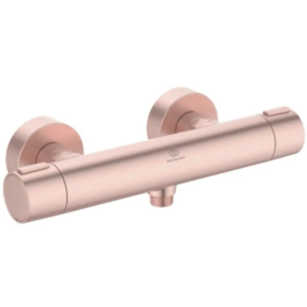 Brausethermostat in Roségold von Ideal Standard mit zwei runden Bedienelementen. Eignet sich für die Montage an der Wand.